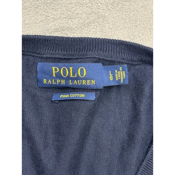 Polo Ralph Lauren V Neck Navy Blue Pima Cotton Sweater Mens Large - Picture 2 of 6
